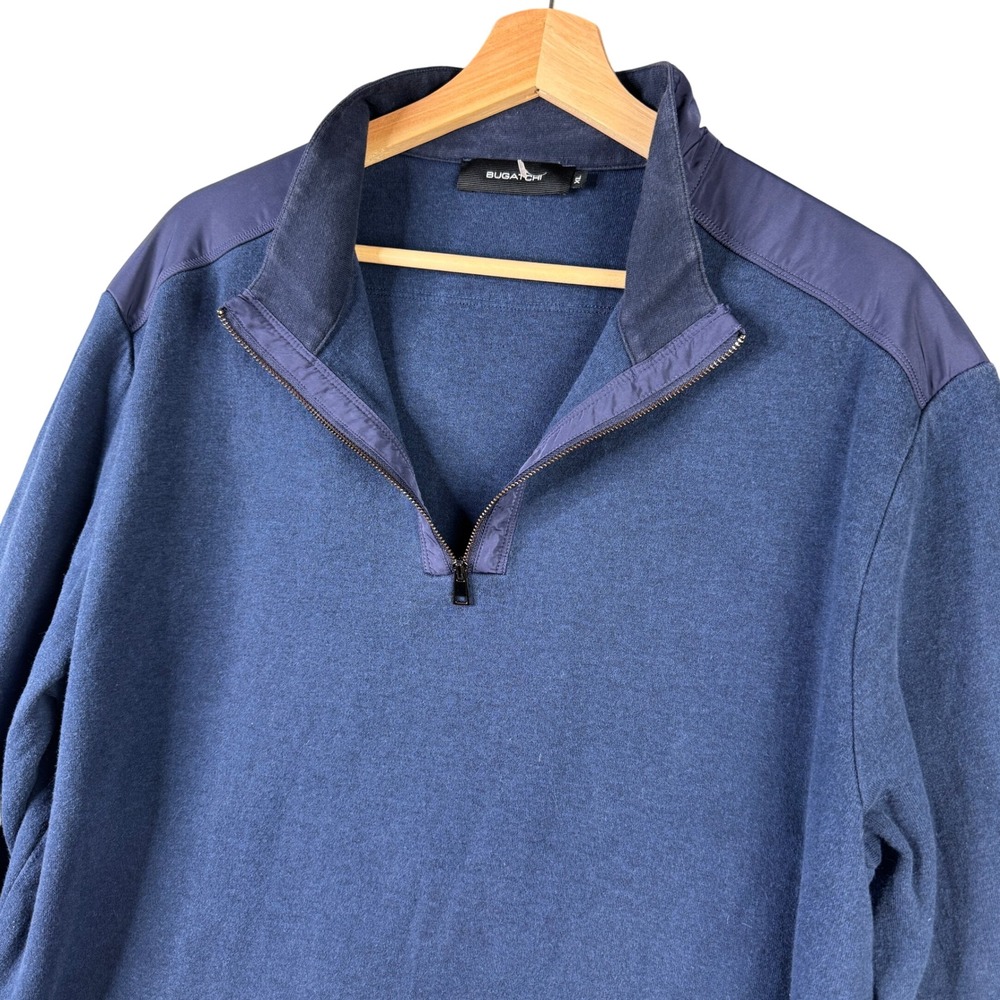Bugatchi Mens XL Blue Mixed Media Quarter Zip Pullover Cotton Blend Sweater